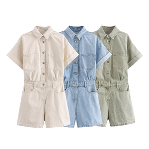 2026 Summer Women's Casual Slim Denim Jumpsuit Overalls Washed Roll Sleeve Lapel Vintage Style Button Skinny Fit Solid Waist