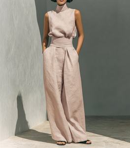 Women Two Piece Outfit Sleeveless Mock Neck Top High Waist Wide Leg Pants Linen Look Elegant Casual Tracksuit