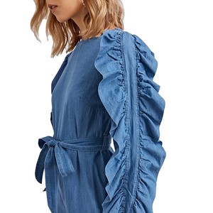 Ruffled Sleeves and Shoulder Sashes Design Wide Legs Collar Less Full Length Denim Jeans Washed Lady Causal Playsuits Jumpsuit