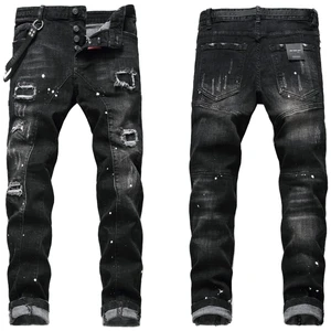 Men's Trendy Straight Jeans Broken Hole Scraped Style Light Washed with Paint Spatter Stretch Denim Jeans Pants for Men