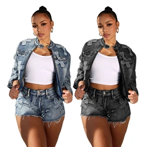 2025 Winter New Casual Women's Denim Short Jacket and Jeans Set 100% Cotton Windproof