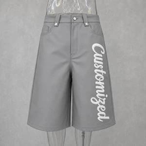 Men Baggy PU Shorts Mid Elastic Waist Knee Length Patch Embroidery Custom Streetwear Fashion Casual Bottom Apparel