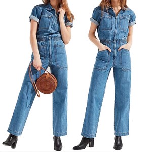 Custom Women Casual Short Sleeves Jumpsuit Blue Denim Work Wear Elastic Waist Zip Fly Jean Jumpsuit Overalls for Ladies