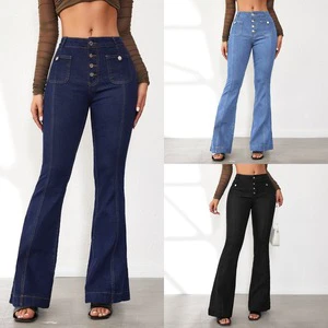 Women's Buckled High Waisted Jeans Breathable Denim Flared Pants with Slimming Temperament Casual Straight Style Long Pants