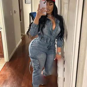 Fashion Pocket Wide Leg Pants Denim Jumpsuit with Belt