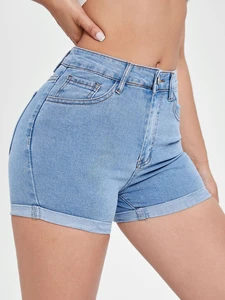 Plus Size Women's High Waist Light Blue Denim Shorts Roll-Up Cuffs Casual Summer Fashion Breathable Anti-Wrinkle Quick Dry