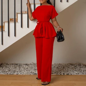 Fashion Casual Suits Plus Size Clothing Solid Color Lace up Top Shirt High Waist Wide Leg Pants Set for Women Two Piece