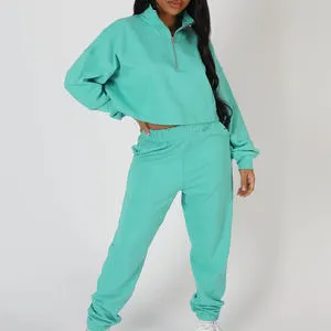 Stylish Women's Cropped Sporty Tracksuit Custom Logo Hoodie Jogger Pants Solid Vintage Cotton Fleece 2-Piece Anti-Pilling Quick