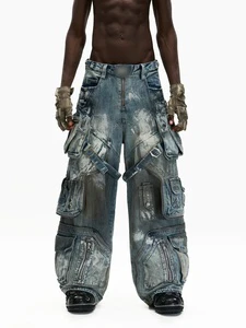 HaiYao Custom Men Vintage Wide Leg Denim Jeans Washed Streetwear Cargo Style OEM ODM Supply Stretch Heavyweight Jeans Men Jeans