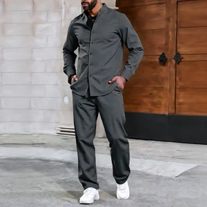 High-quality Men's Smart Casual Winter Suit Everyday Commuting Stand-up Collar Long-sleeved Shirt Trousers 2-piece Set Solid