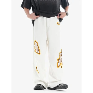 Men's Stonewashed Embroidered Wide Leg Jeans Plus Size High Street Hip Hop Streetwear Trousers Jeans for Men Spring