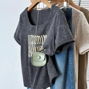 Plus Size 2025 Summer New Square Neck Top Women's Slim-fit Loose All-match Short-sleeved T-shirt