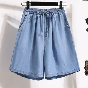 Women's Plus Size Summer Shorts Casual Five-Point Loose Wide-Leg Hot Pants with High Waist Breathable Washed Technics