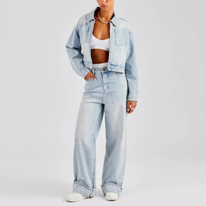 Manufacturer Custom Logo Designer Casual Denim Jacket and Jeans Women's Set