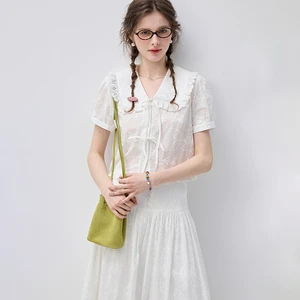 Vega Chang Embroidery Two Piece Set Ruffle Trim Peter Pan Collar Short Sleeve Top High Waist Midi Skirt Casual Suit For Women