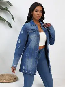 Oversize Heavy Denim Jackets and Coats for Women Hot Selling Light Blue Broken Hole Denim Jackets Suppliers