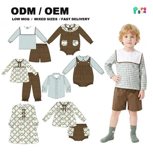 Puresun Custom Print Logo Available Fast Delivery Wholesale Kids Boys Plaid Corduroy Outfit