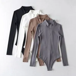 European American Casual Style Women's Slim-Fit Zipper Stand-Up Collar Long-Sleeve Jumpsuit