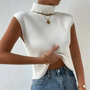 Wholesale Custom Spring Casual Thick High Neck Ribbed Sleeveless Knit Tank Top Women's Knitted Sweater Vest