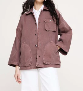 Women's Casual Oversized Denim Eco-Friendly Workwear Jacket Vintage Washed Mauve Long Sleeve Button Coat For Daily Wear
