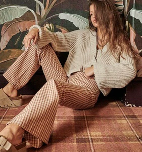 Custom Label Sexy Plaid High Waist Wide Leg Bell Bottom Casual Women Flare Pants