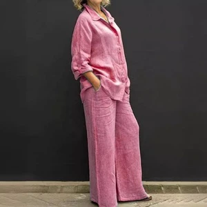 2026 New Arrival Women's Leisure Suit Solid Print Cotton Linen Two Piece Set With Long Sleeve Top And Pants