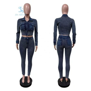 Fashion 2-Piece Ribbed Stretch Denim Set Woman's Long Sleeve Crop Top Jeans Pants with Outfit Suit