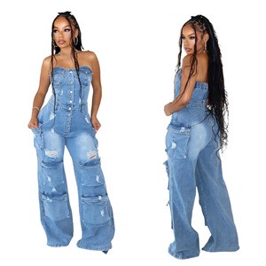 2025 Fashion Women Overall Street Style Stretchy Blue Denim Off Shoulder Buttons Cargo Pockets One Piece Wide Leg Jean Jumpsuit