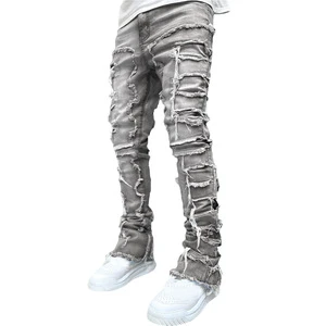 Ripped Stacked Men's Jeans Streetwear Cotton Denim Pants Straight Tassel Patch Distressed Wash Trousers