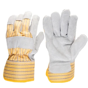 Multi Purpose Industrial Mechanical Rigger Labor Protection Yellow Striped Fabric Back Split Cowhide Leather Safety Work Gloves