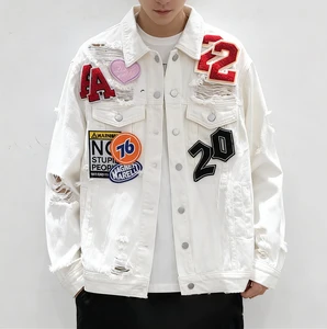 Spring Autumn New Retro Niche Design Badge Label Distressed Wash Applique Denim Jacket Trendy Handsome European Streetwear