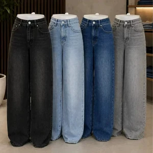 Women's High Waist Wide Leg Jeans, Vintage Washed Casual Denim Pants for Daily Streetwear