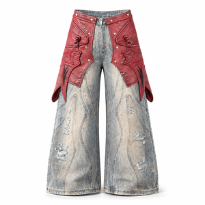 DiZNEW mens Wide Leg Acid Wash Jeans With Detachable PU Leather Chaps Overlay Zipper Rivet Streetwear denim Pants OEM ODM