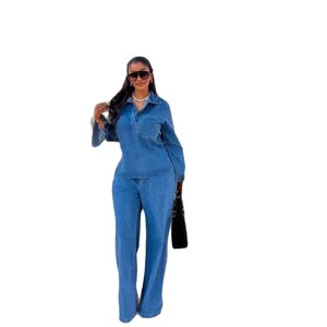 European American New Women's Denim Suit Lapel Pocket Top Lace-up Straight Trousers Two-piece Set Bow Collar Women's Clothes