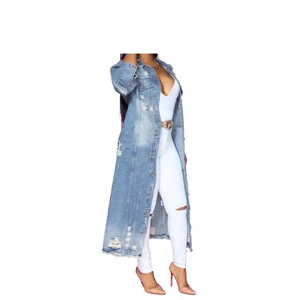 High Quality Spring Fall Women's Denim Jackets Long Trench Button Coat Ripped Denim Jackets Women's Denim Sets
