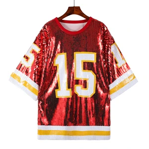 For City Women's Plus Size Casual T-Shirt Loose Waist Long Football Dress Sequin Front Logo Knitting Embroidered 100%