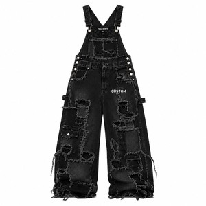 Custom Printed Women's Black Denim Overalls Loose Fit Full Length Ripped Pockets Punk Wide Leg Style Street Wear