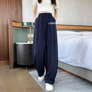 DM Women's Flax Quick-Dry Breathable High-Waisted Active Bottoms Loose Versatile Solid Color Casual Wide-Leg Pants Elastic Waist