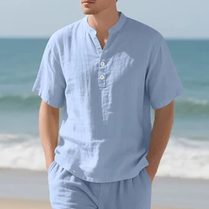 Men's Solid Linen Blend Henley T-Shirts V-neck Button Placket Breathable Summer Beach Tops Factory Direct OEM Custom