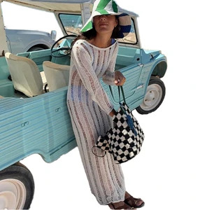 Hollow Out Bikini Cover-Ups Women Beach Cover up Knitted Long Sleeve Long Dresses Summer Solid Fashion Female Beachwear