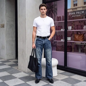 Gingtto Custom Logo Denim Fashion Casual High Quality Streetwear Loose Flare Jeans Men