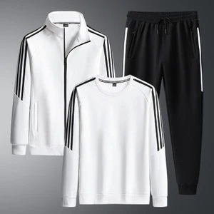 Three-striped Collar Classic Men And Womens Set With Pull-over Cardigan, Hoodie, And Sweatpants Sporty, Casual,outdoor Wear