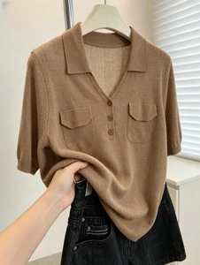Plus-size Womens Clothing Summer Breathable Ice-silk Short-sleeve Loose-fit High-end Beautiful -neck Thin Knit T-shirt