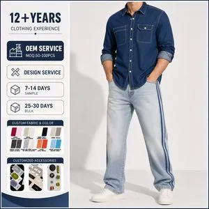 Man Sets Casual Fashion Suit Dark Denim Shirt & Side Stripe Light Wash Jeans 2 Piece Co-Ord Customizable OEM 100% Cotton