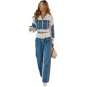Custom 2026 Europe US Fashionable Hooded Patchwork Beaded Denim Casual Women's Loose-Fit Wide-Leg Two-Piece Suits Trendy