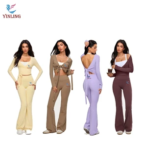 Women's Ribbed 2 Piece Tracksuit Long Sleeve Tie Back Crop Top High Waist Flared Pants Set Casual Workout Yoga Loungewear Outfit