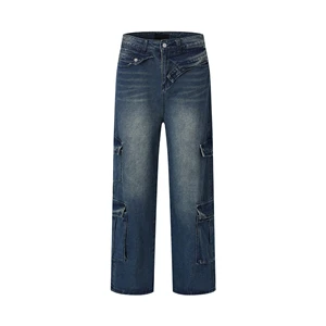 New Wholesale Men's Vintage Style Denim Jeans Pants Mid Waist Heavyweight Straight Washed Stretch Solid Plus Size Custom Logo