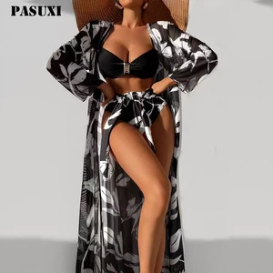 PASUXI Custom 2024 Sexy Bikini Print Women Beach Swimsuit Backless Cut Out Bikinis Beachwear 3 Pieces Set Summer Womens Swimwear