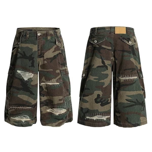 Custom High Quality Vintage Distressed Summer Men's Shorts Ripper Washed Denim Shorts Custom Patchwork Multi Pockets Camo Jorts
