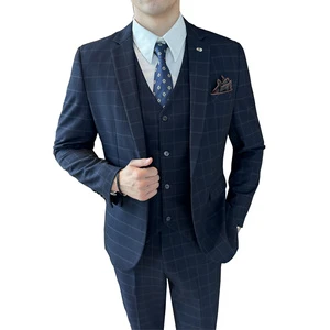 2025 Vintage Casual Men's Plaid Design Winter Knitted Spandex/Cotton V-neck 3 Piece Suit with Front Custom Logo Seamless Fusing